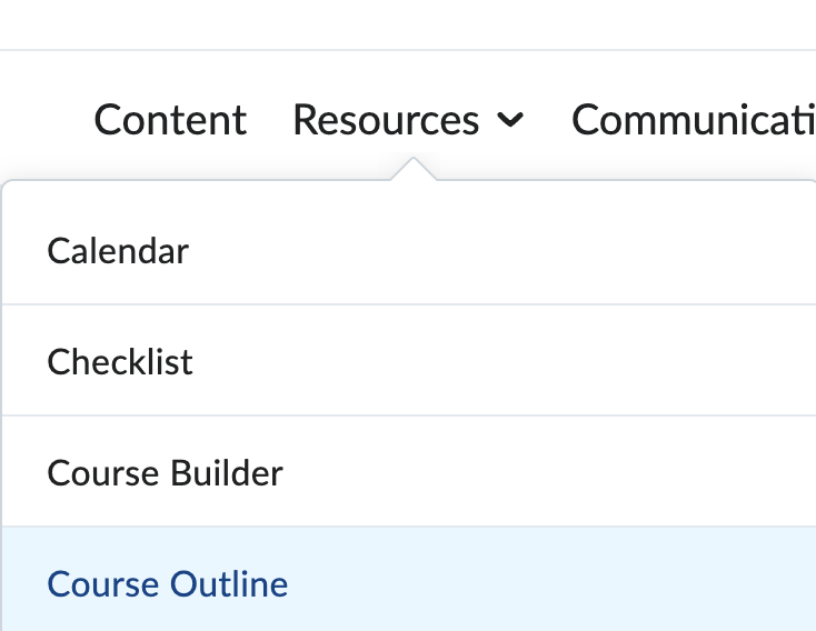 The resources tab in an Avenue course shell is open and the link listed as "Course Outline" is highlighted in blue.